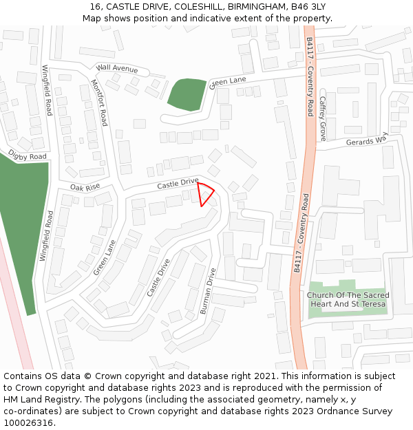 16, CASTLE DRIVE, COLESHILL, BIRMINGHAM, B46 3LY: Location map and indicative extent of plot