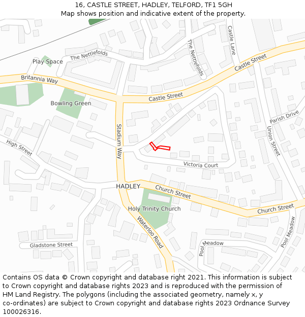 16, CASTLE STREET, HADLEY, TELFORD, TF1 5GH: Location map and indicative extent of plot