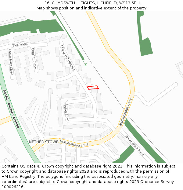 16, CHADSWELL HEIGHTS, LICHFIELD, WS13 6BH: Location map and indicative extent of plot