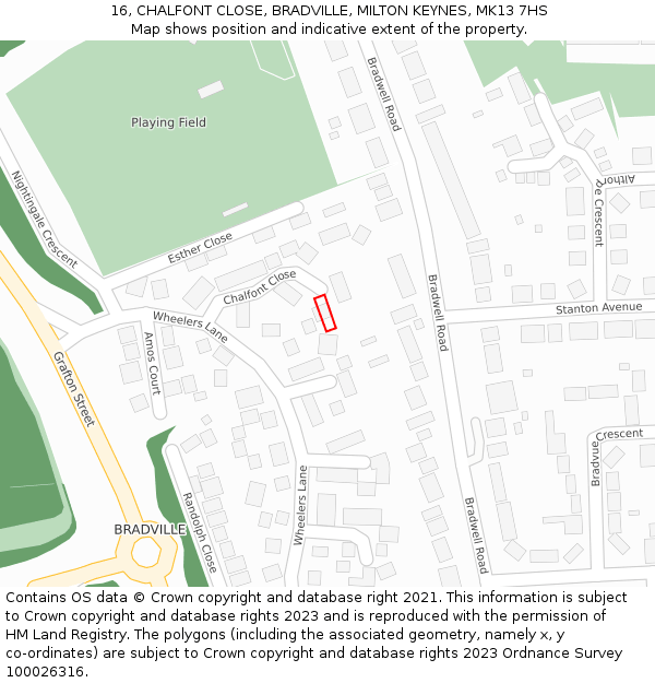 16, CHALFONT CLOSE, BRADVILLE, MILTON KEYNES, MK13 7HS: Location map and indicative extent of plot