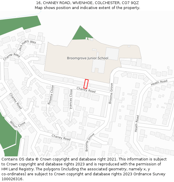 16, CHANEY ROAD, WIVENHOE, COLCHESTER, CO7 9QZ: Location map and indicative extent of plot