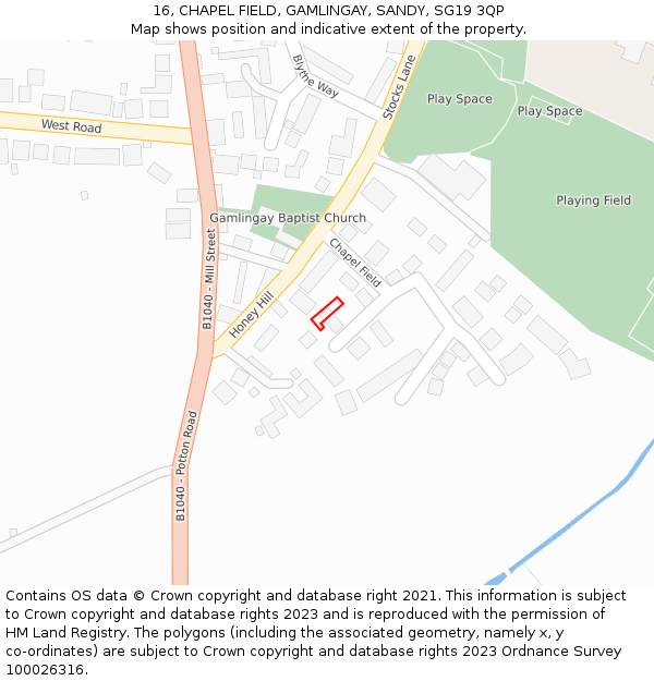 16, CHAPEL FIELD, GAMLINGAY, SANDY, SG19 3QP: Location map and indicative extent of plot