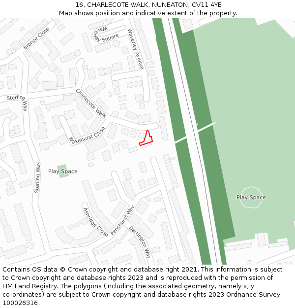 16, CHARLECOTE WALK, NUNEATON, CV11 4YE: Location map and indicative extent of plot