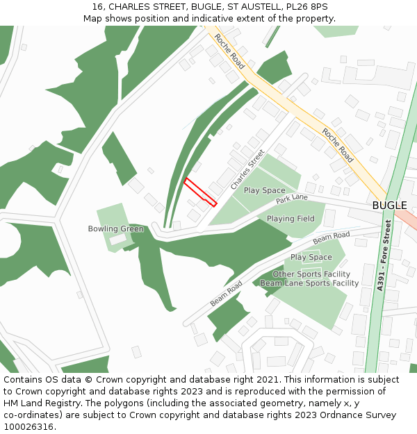 16, CHARLES STREET, BUGLE, ST AUSTELL, PL26 8PS: Location map and indicative extent of plot