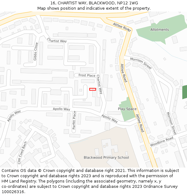 16, CHARTIST WAY, BLACKWOOD, NP12 1WG: Location map and indicative extent of plot