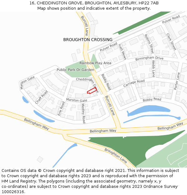 16, CHEDDINGTON GROVE, BROUGHTON, AYLESBURY, HP22 7AB: Location map and indicative extent of plot