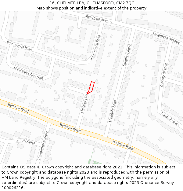 16, CHELMER LEA, CHELMSFORD, CM2 7QG: Location map and indicative extent of plot