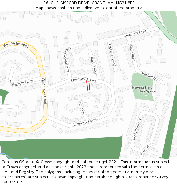 16, CHELMSFORD DRIVE, GRANTHAM, NG31 8PF: Location map and indicative extent of plot