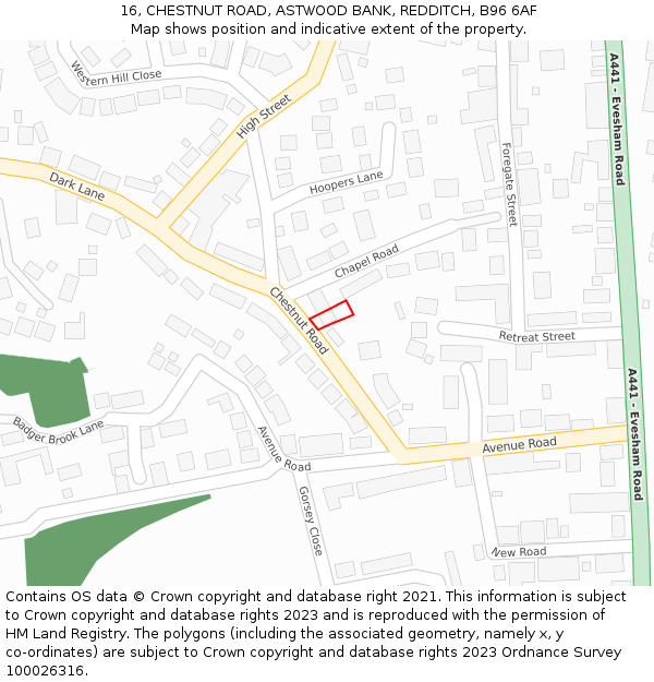 16, CHESTNUT ROAD, ASTWOOD BANK, REDDITCH, B96 6AF: Location map and indicative extent of plot