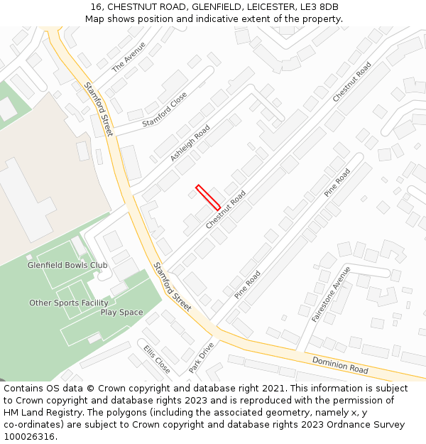 16, CHESTNUT ROAD, GLENFIELD, LEICESTER, LE3 8DB: Location map and indicative extent of plot