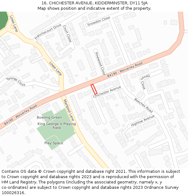 16, CHICHESTER AVENUE, KIDDERMINSTER, DY11 5JA: Location map and indicative extent of plot