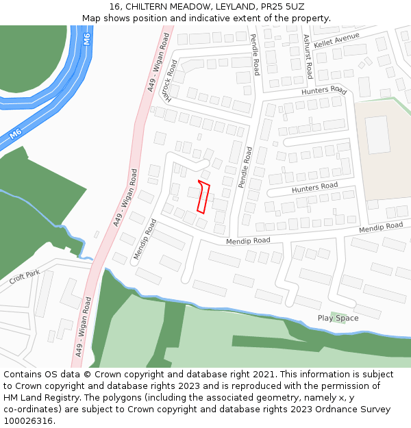 16, CHILTERN MEADOW, LEYLAND, PR25 5UZ: Location map and indicative extent of plot