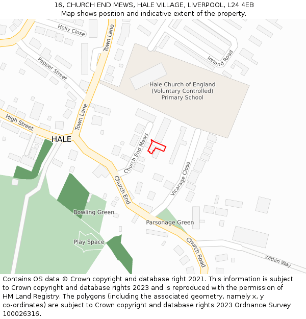 16, CHURCH END MEWS, HALE VILLAGE, LIVERPOOL, L24 4EB: Location map and indicative extent of plot