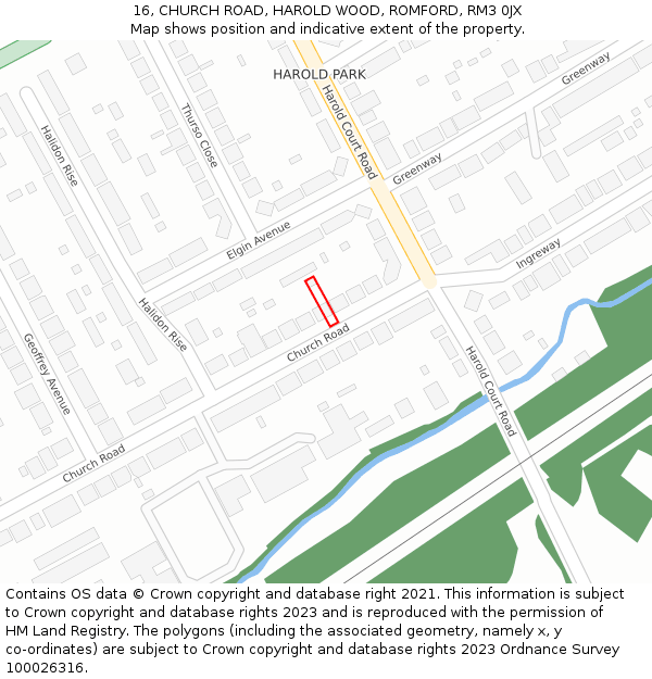 16, CHURCH ROAD, HAROLD WOOD, ROMFORD, RM3 0JX: Location map and indicative extent of plot