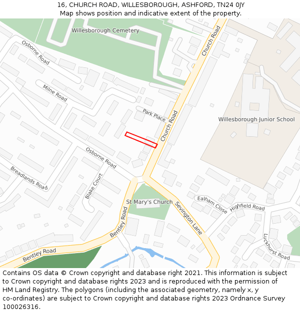 16, CHURCH ROAD, WILLESBOROUGH, ASHFORD, TN24 0JY: Location map and indicative extent of plot