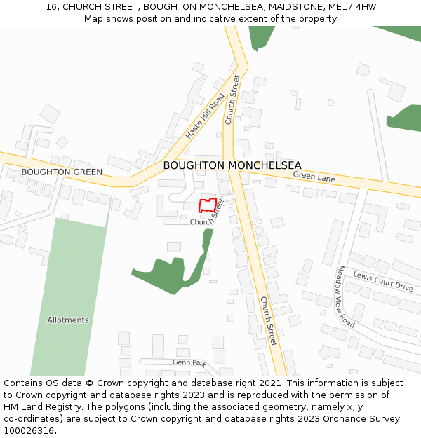 16, CHURCH STREET, BOUGHTON MONCHELSEA, MAIDSTONE, ME17 4HW: Location map and indicative extent of plot