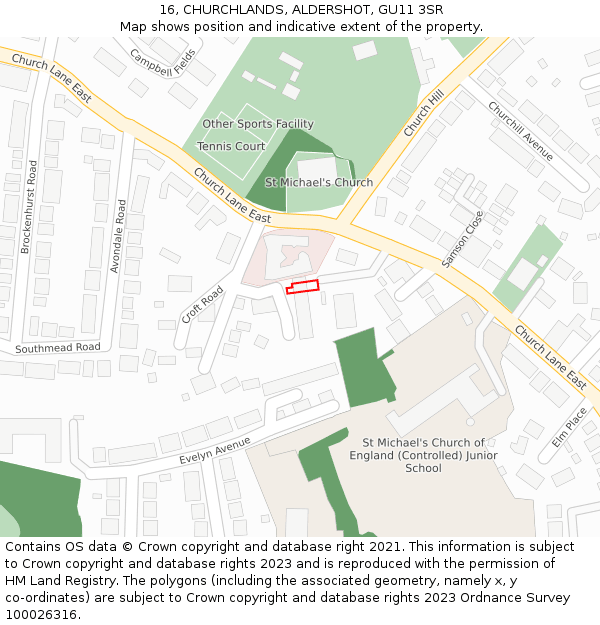 16, CHURCHLANDS, ALDERSHOT, GU11 3SR: Location map and indicative extent of plot