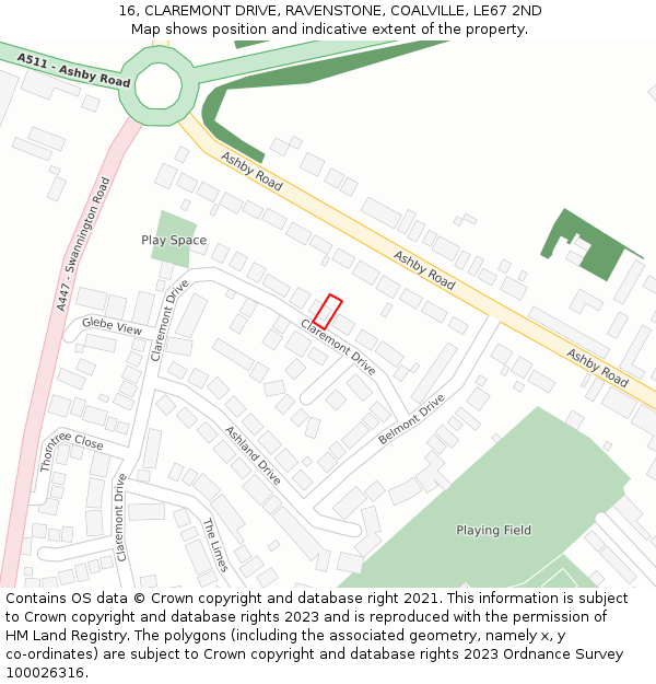 16, CLAREMONT DRIVE, RAVENSTONE, COALVILLE, LE67 2ND: Location map and indicative extent of plot