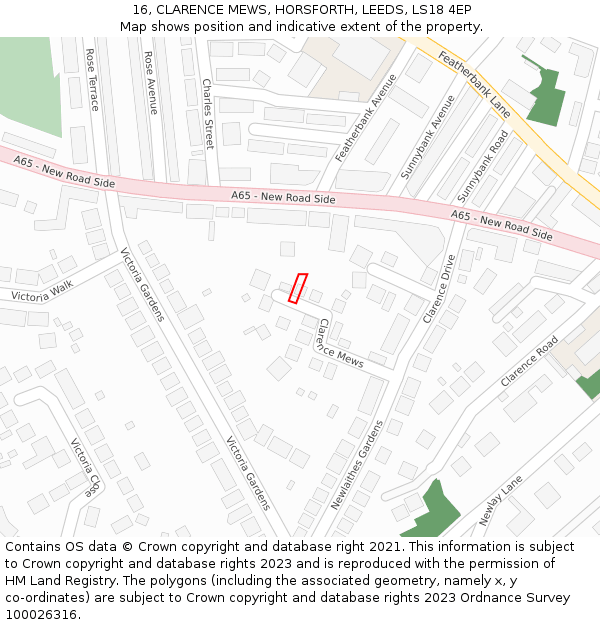 16, CLARENCE MEWS, HORSFORTH, LEEDS, LS18 4EP: Location map and indicative extent of plot