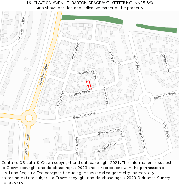 16, CLAYDON AVENUE, BARTON SEAGRAVE, KETTERING, NN15 5YX: Location map and indicative extent of plot