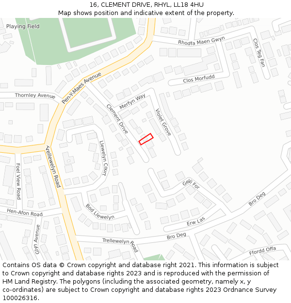 16, CLEMENT DRIVE, RHYL, LL18 4HU: Location map and indicative extent of plot