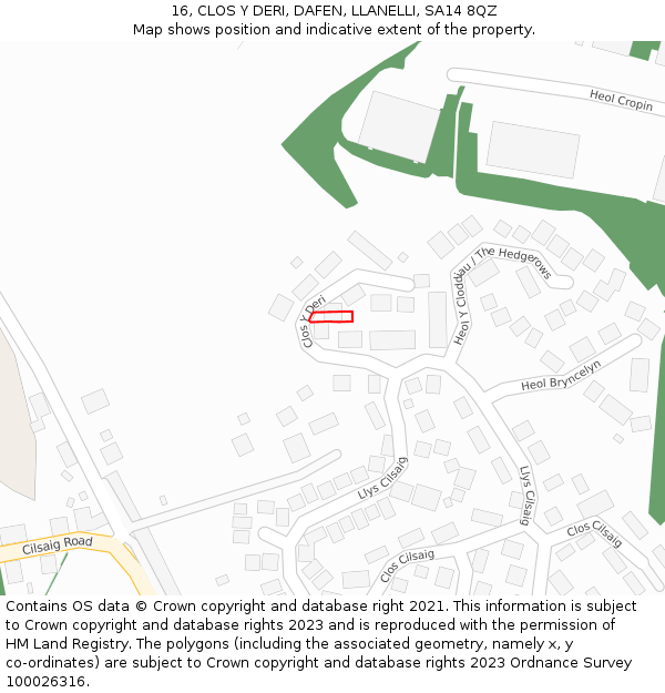 16, CLOS Y DERI, DAFEN, LLANELLI, SA14 8QZ: Location map and indicative extent of plot