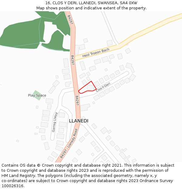 16, CLOS Y DERI, LLANEDI, SWANSEA, SA4 0XW: Location map and indicative extent of plot