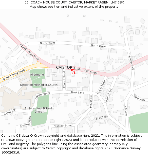 16, COACH HOUSE COURT, CAISTOR, MARKET RASEN, LN7 6BX: Location map and indicative extent of plot