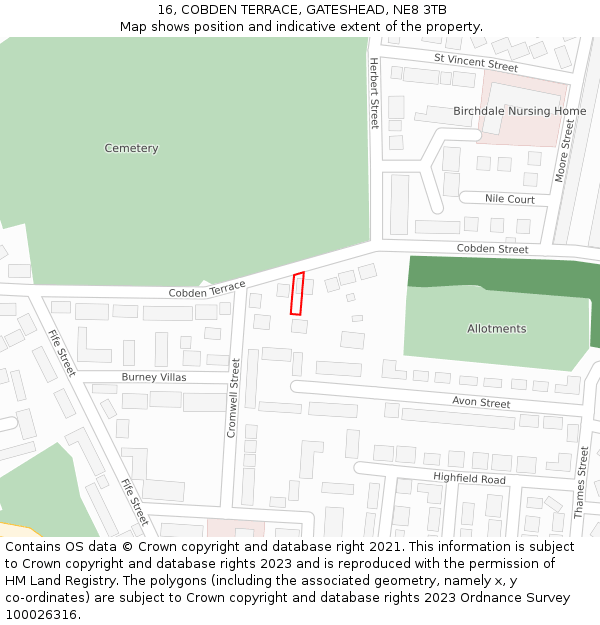 16, COBDEN TERRACE, GATESHEAD, NE8 3TB: Location map and indicative extent of plot