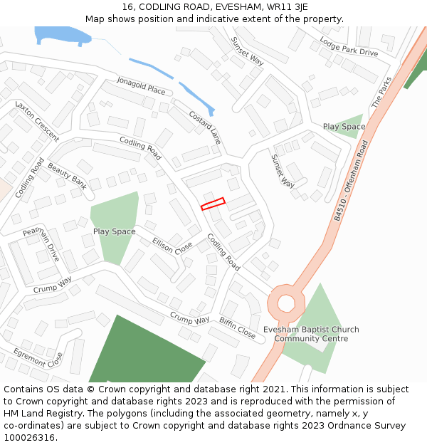 16, CODLING ROAD, EVESHAM, WR11 3JE: Location map and indicative extent of plot