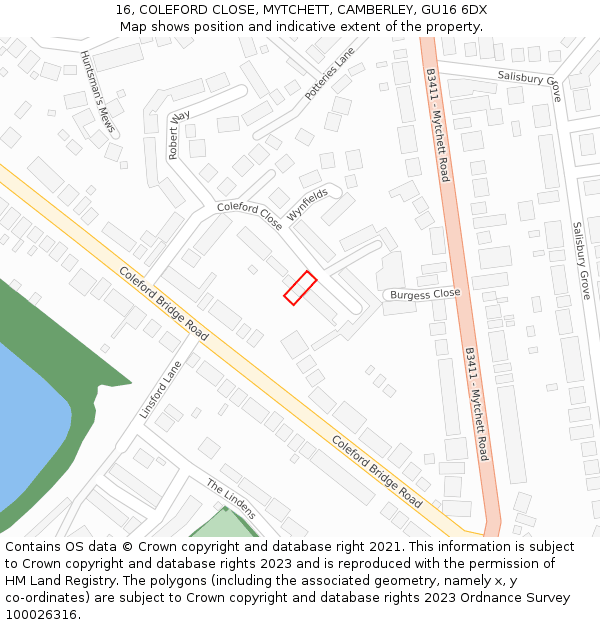 16, COLEFORD CLOSE, MYTCHETT, CAMBERLEY, GU16 6DX: Location map and indicative extent of plot