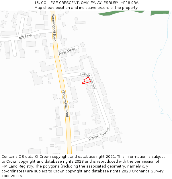 16, COLLEGE CRESCENT, OAKLEY, AYLESBURY, HP18 9RA: Location map and indicative extent of plot