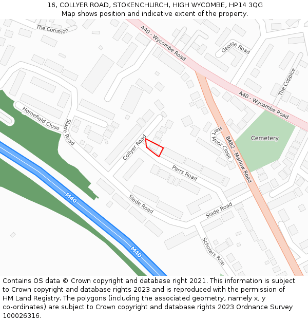 16, COLLYER ROAD, STOKENCHURCH, HIGH WYCOMBE, HP14 3QG: Location map and indicative extent of plot