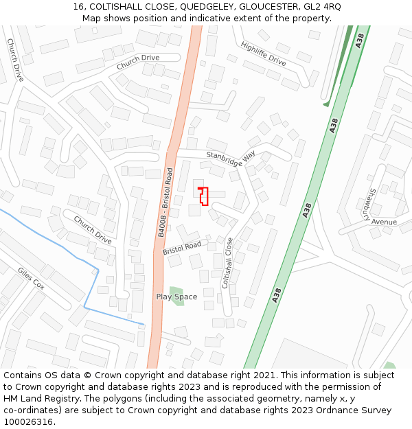 16, COLTISHALL CLOSE, QUEDGELEY, GLOUCESTER, GL2 4RQ: Location map and indicative extent of plot