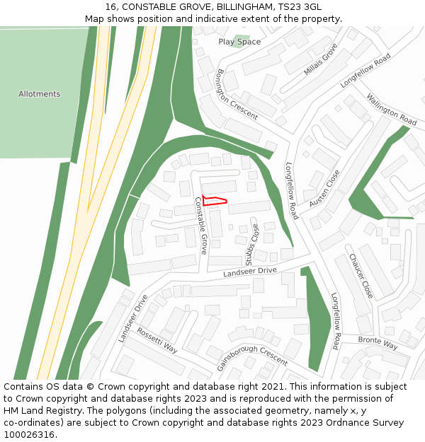 16, CONSTABLE GROVE, BILLINGHAM, TS23 3GL: Location map and indicative extent of plot