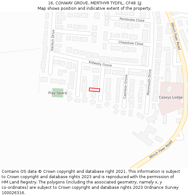 16, CONWAY GROVE, MERTHYR TYDFIL, CF48 1JJ: Location map and indicative extent of plot