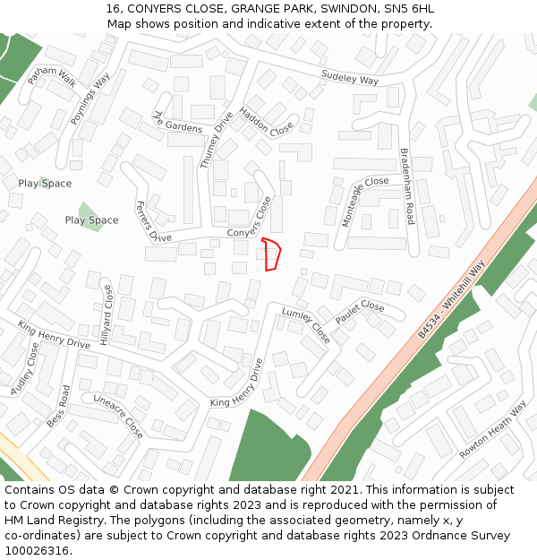 16, CONYERS CLOSE, GRANGE PARK, SWINDON, SN5 6HL: Location map and indicative extent of plot