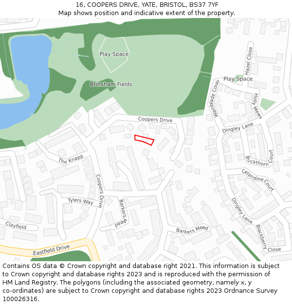 16, COOPERS DRIVE, YATE, BRISTOL, BS37 7YF: Location map and indicative extent of plot