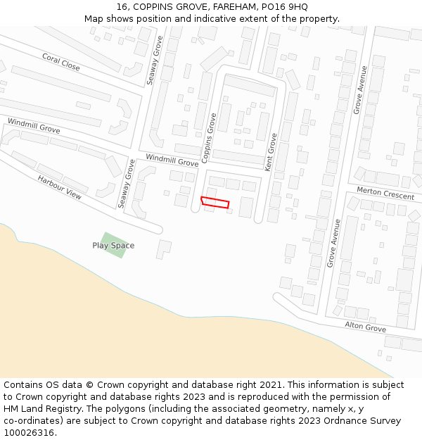 16, COPPINS GROVE, FAREHAM, PO16 9HQ: Location map and indicative extent of plot