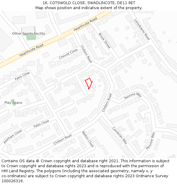 16, COTSWOLD CLOSE, SWADLINCOTE, DE11 9ET: Location map and indicative extent of plot