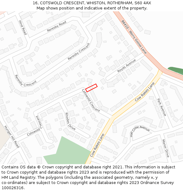 16, COTSWOLD CRESCENT, WHISTON, ROTHERHAM, S60 4AX: Location map and indicative extent of plot