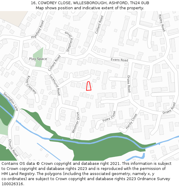 16, COWDREY CLOSE, WILLESBOROUGH, ASHFORD, TN24 0UB: Location map and indicative extent of plot