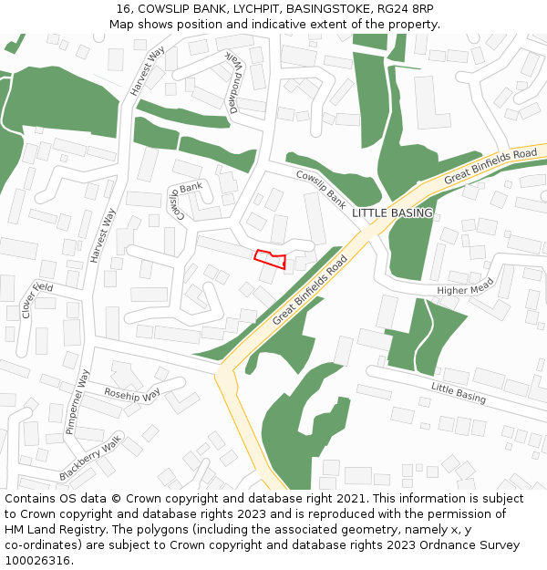 16, COWSLIP BANK, LYCHPIT, BASINGSTOKE, RG24 8RP: Location map and indicative extent of plot