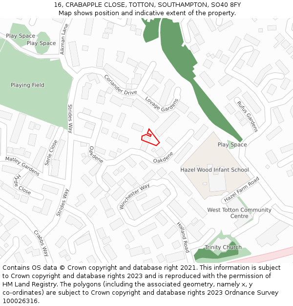 16, CRABAPPLE CLOSE, TOTTON, SOUTHAMPTON, SO40 8FY: Location map and indicative extent of plot