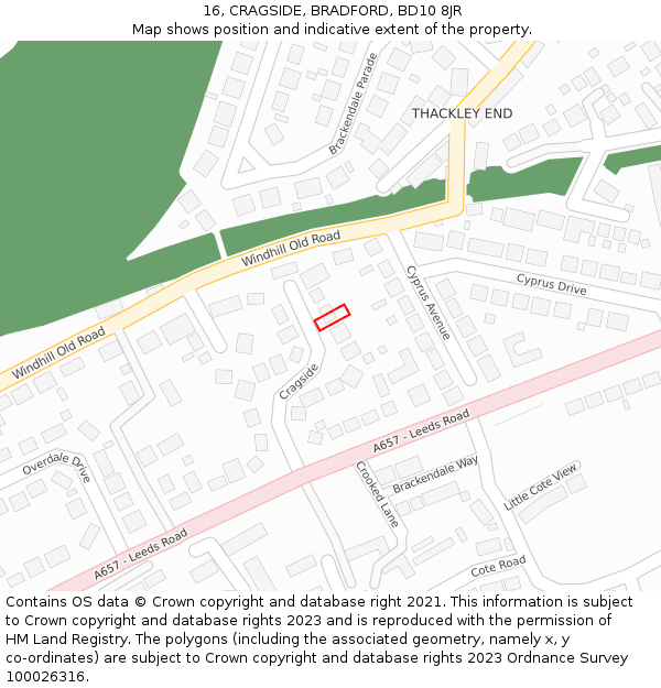 16, CRAGSIDE, BRADFORD, BD10 8JR: Location map and indicative extent of plot