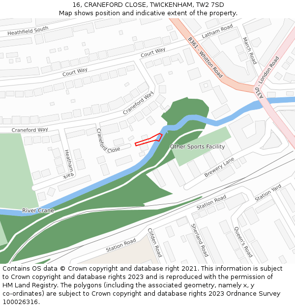 16, CRANEFORD CLOSE, TWICKENHAM, TW2 7SD: Location map and indicative extent of plot