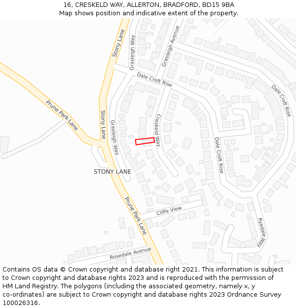 16, CRESKELD WAY, ALLERTON, BRADFORD, BD15 9BA: Location map and indicative extent of plot