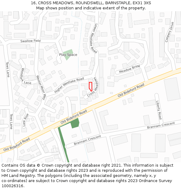16, CROSS MEADOWS, ROUNDSWELL, BARNSTAPLE, EX31 3XS: Location map and indicative extent of plot