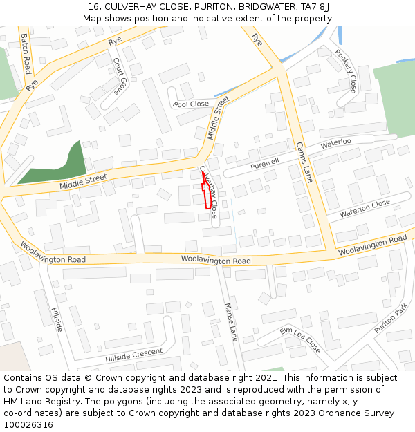 16, CULVERHAY CLOSE, PURITON, BRIDGWATER, TA7 8JJ: Location map and indicative extent of plot