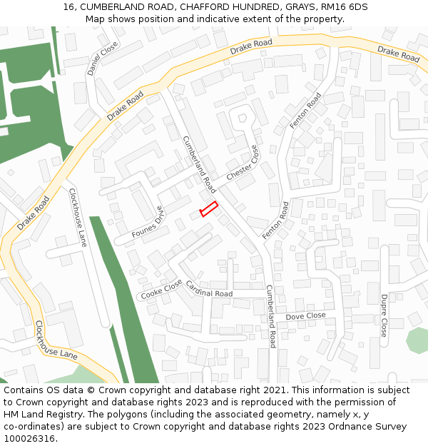 16, CUMBERLAND ROAD, CHAFFORD HUNDRED, GRAYS, RM16 6DS: Location map and indicative extent of plot